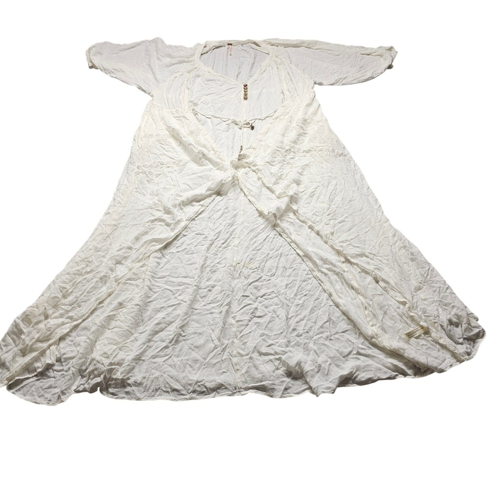 Free People White Gauze Maxi Duster Cardigan Womens OS Boho Crochet Trim V-Neck